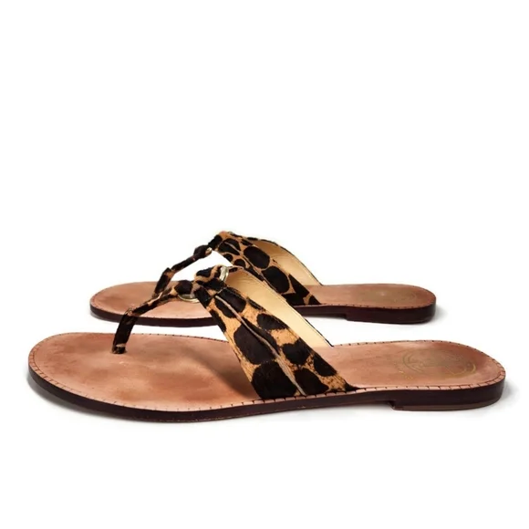Lilly Pulitzer McKim Leopard Print Calf-Hair Leather Gold Ring Thong Sandals - Picture 2 of 12